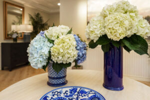Arrangements of blue and white hydrangeas in blue vases